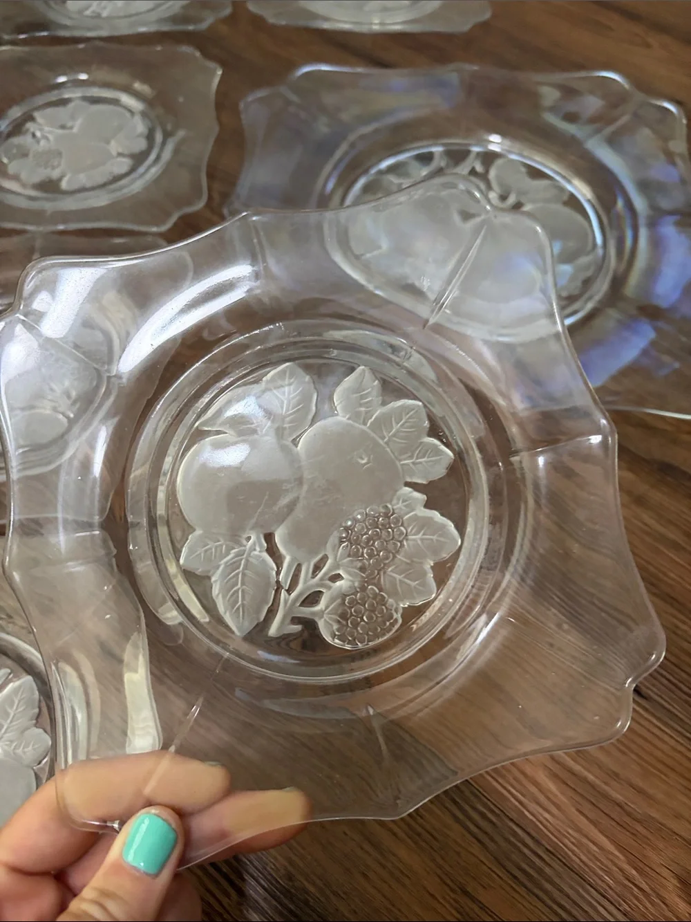 Imperial Glass Intaglio Fruit Square Salad/Dessert Plates and big Plate!7pc!!!